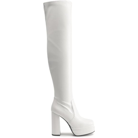 Women's White Polyurethane (PU) Square Toe Over The Knee Thigh High Long Boots - Picture 2 of 6